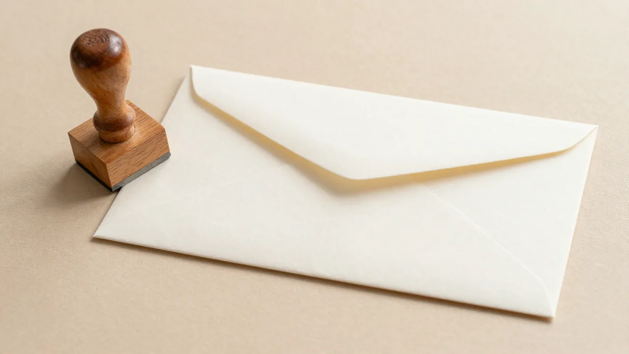 wooden seal with no writing visible, plain envelope, photo sleeve