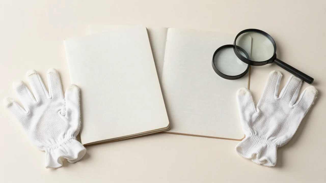 two closed family registers, cotton gloves, magnifying glass