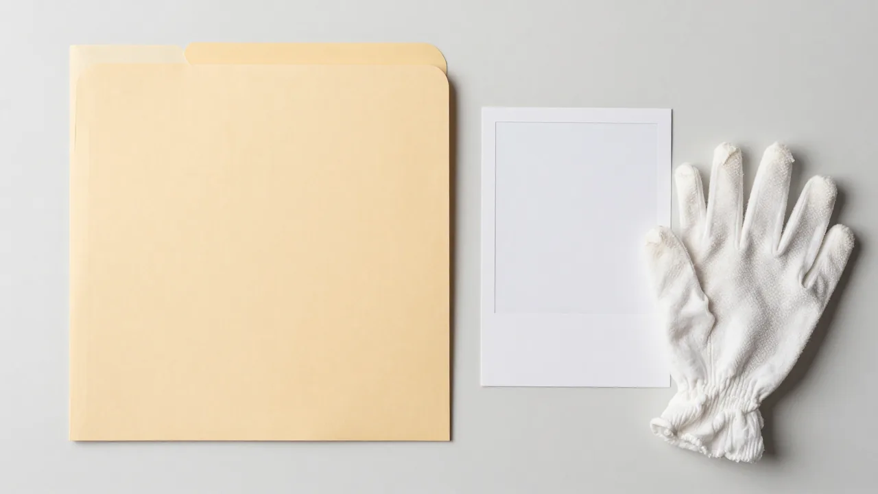closed archival folder, cotton gloves, blank photo sleeves