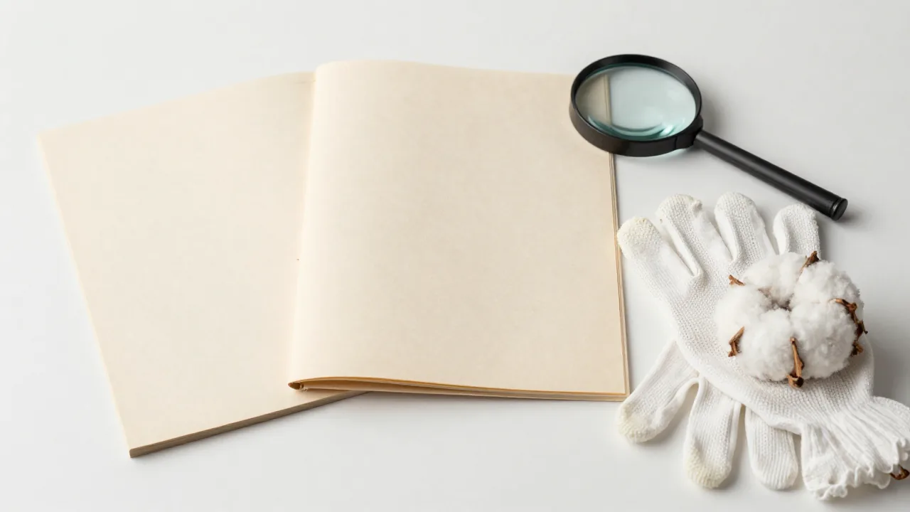 closed family registers, cotton gloves, magnifying glass