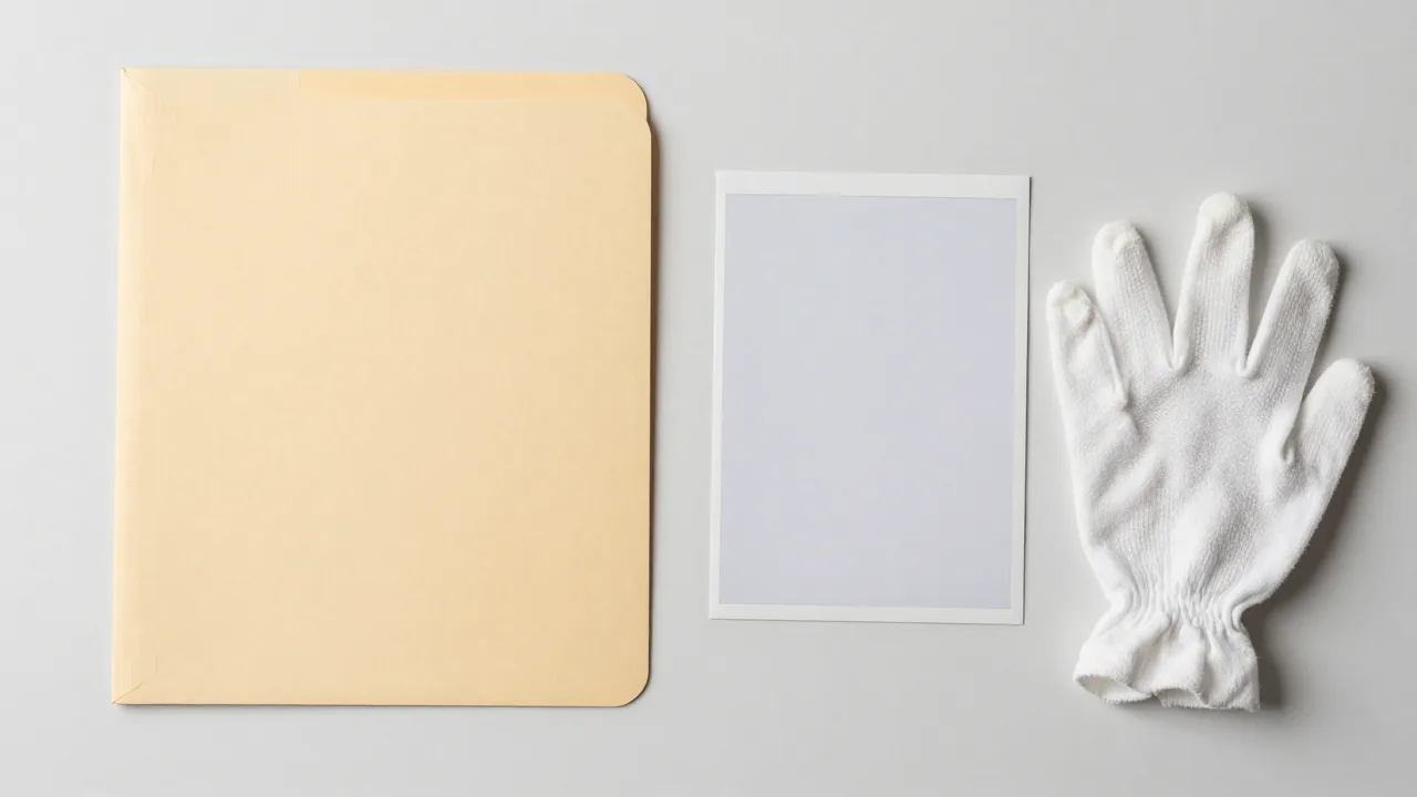 closed archival folder, blank photo sleeve, cotton gloves