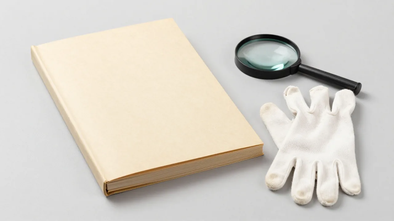 closed archival register, cotton gloves, magnifying glass