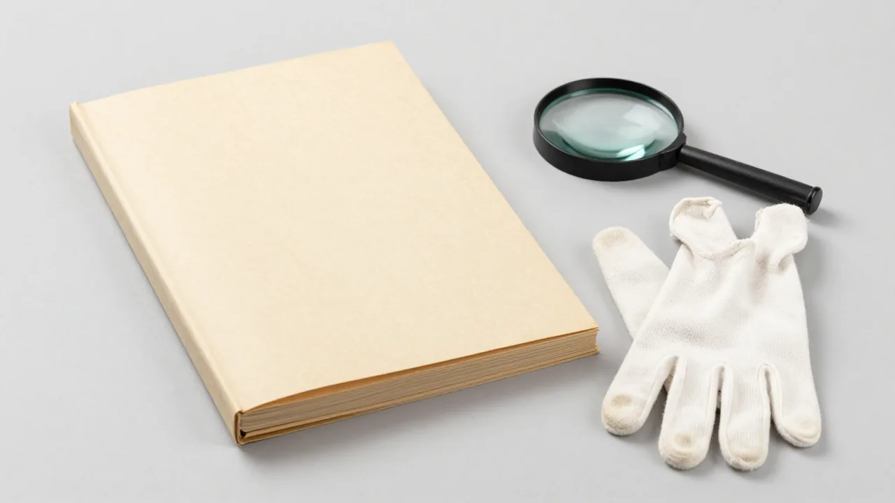 closed archival register, cotton gloves, magnifying glass