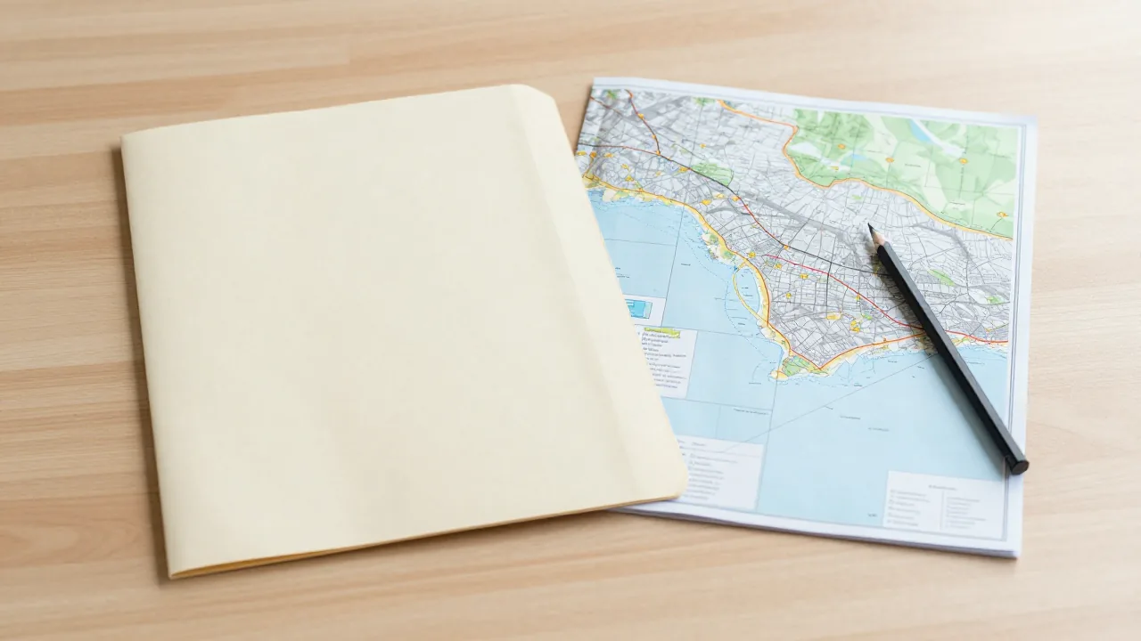 closed document folder, map face down, graphite pencil